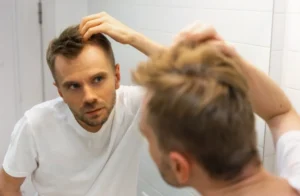 middle aged man looking at his hairline in the mirror