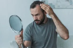 bearded middle aged man looking at mirror