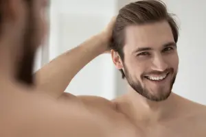 young guy touching smooth silky hair, looking at camera from mirror 