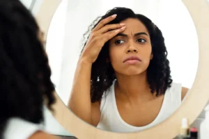 woman looking at her skin in the mirror thinking about injectable fillers